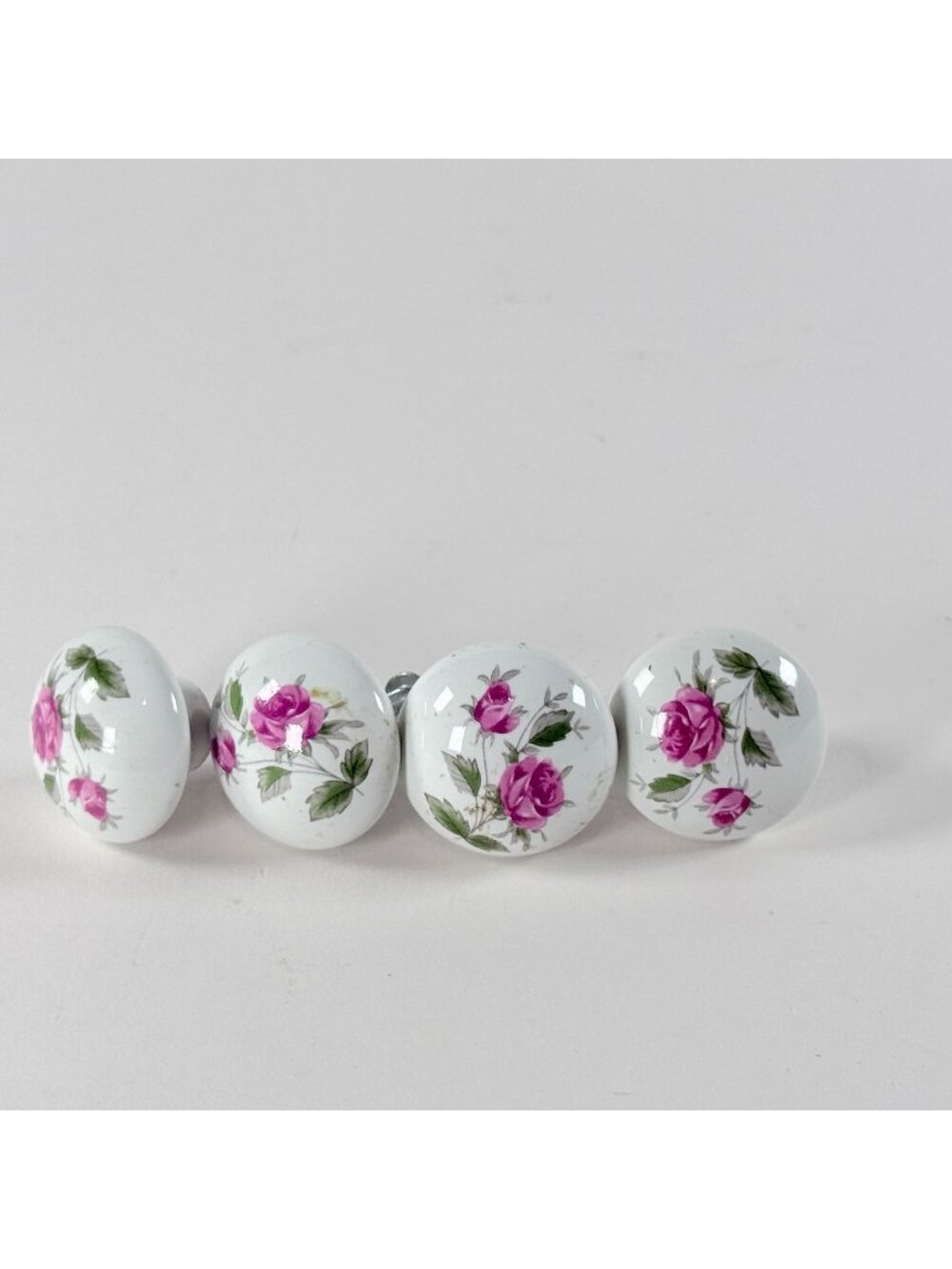 Vintage Ceramic Drawer Pulls White With Pink Rose Design Set Of 4